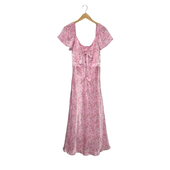 FRANCESCA'S Maria Pink Bow Tie Front Silky Floral Midi Dress Size Large - Picture 3 of 13
